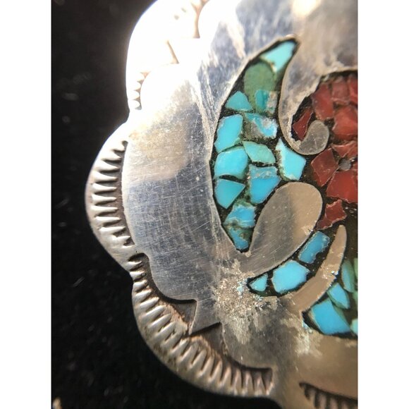 Vtg 1960's Peyote Bird Pendant Inlaid Chipped Turquoise & Coral Stamped Sterling - Picture 3 of 10